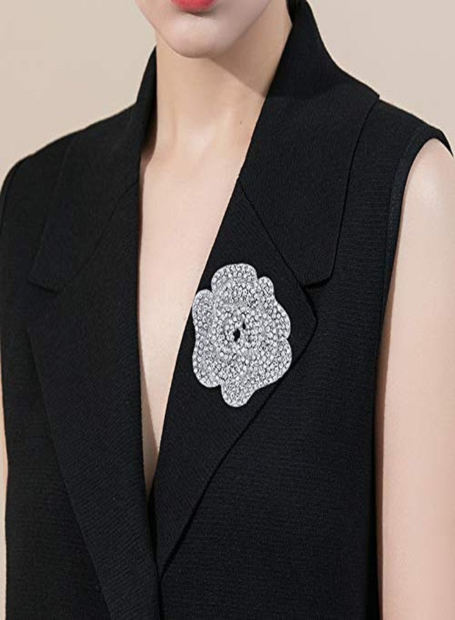 MEEDOZ White Gold Plated Women's Crystal Rhinestone Rose Flower Shape Brooch Pins for DIY Bridal Wedding Bouquet (Silver) - Image 4